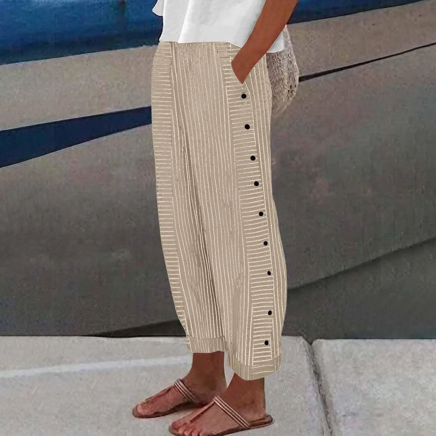 fanmpghleoo Striped Linen Pants Women Summer Elastic High Waisted Wide Leg Pinstripe Pants Casual Plus Size Beach Gauze Pants