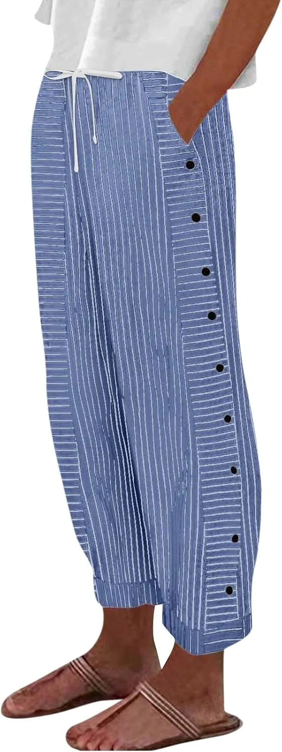 fanmpghleoo Striped Linen Pants Women Summer Elastic High Waisted Wide Leg Pinstripe Pants Casual Plus Size Beach Gauze Pants