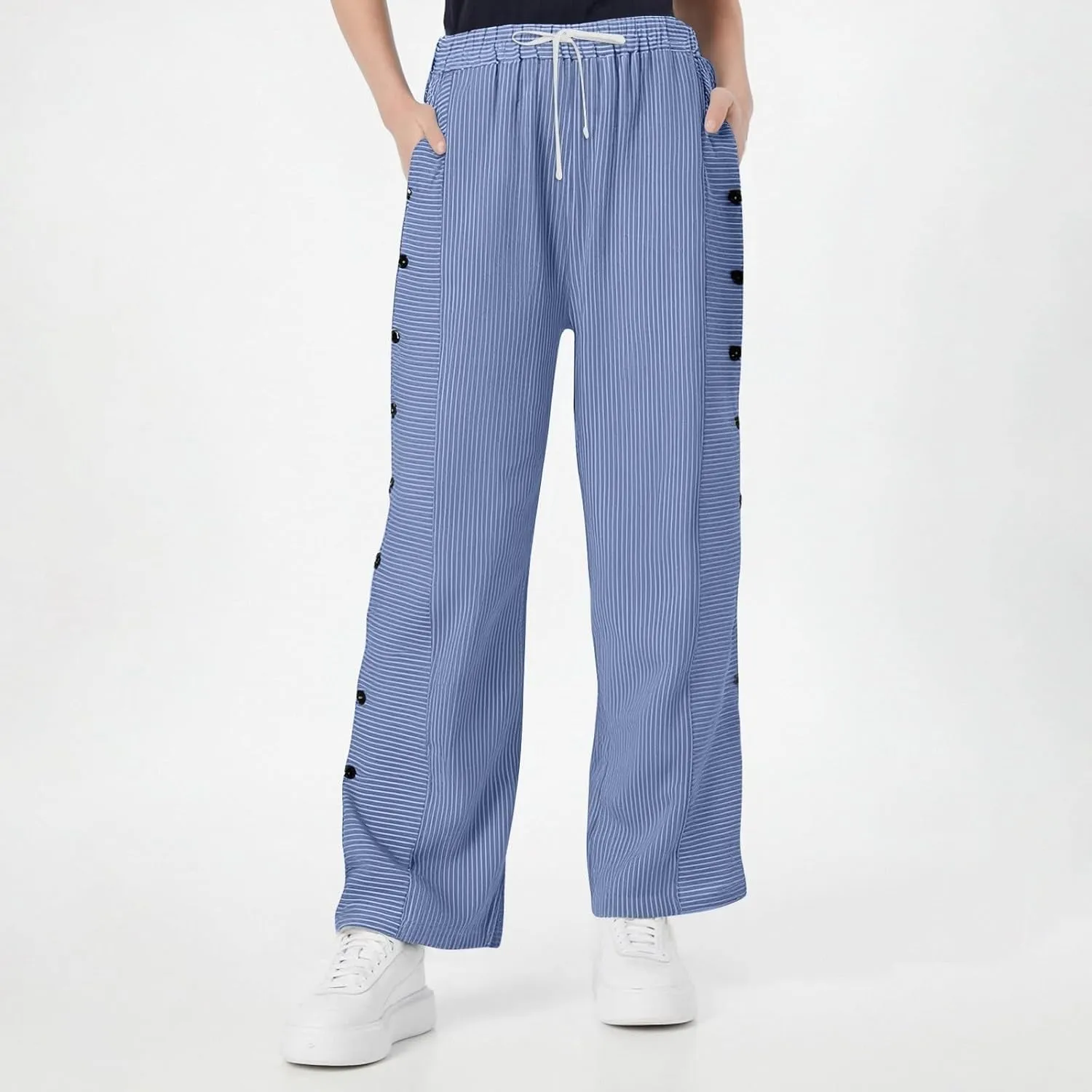 fanmpghleoo Striped Linen Pants Women Summer Elastic High Waisted Wide Leg Pinstripe Pants Casual Plus Size Beach Gauze Pants