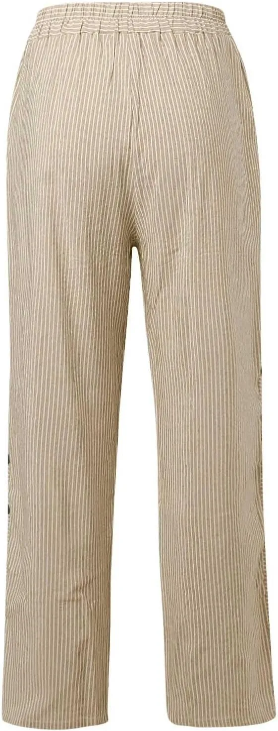 fanmpghleoo Striped Linen Pants Women Summer Elastic High Waisted Wide Leg Pinstripe Pants Casual Plus Size Beach Gauze Pants