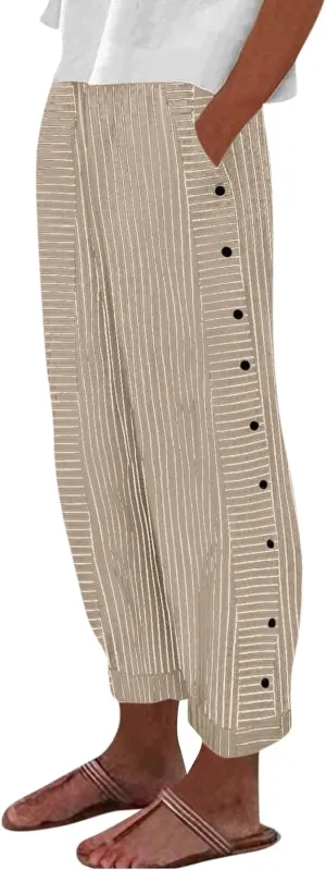 fanmpghleoo Striped Linen Pants Women Summer Elastic High Waisted Wide Leg Pinstripe Pants Casual Plus Size Beach Gauze Pants