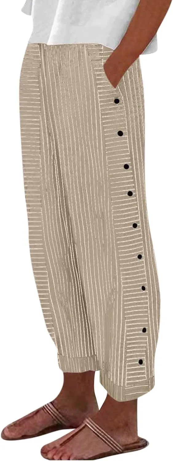 fanmpghleoo Striped Linen Pants Women Summer Elastic High Waisted Wide Leg Pinstripe Pants Casual Plus Size Beach Gauze Pants