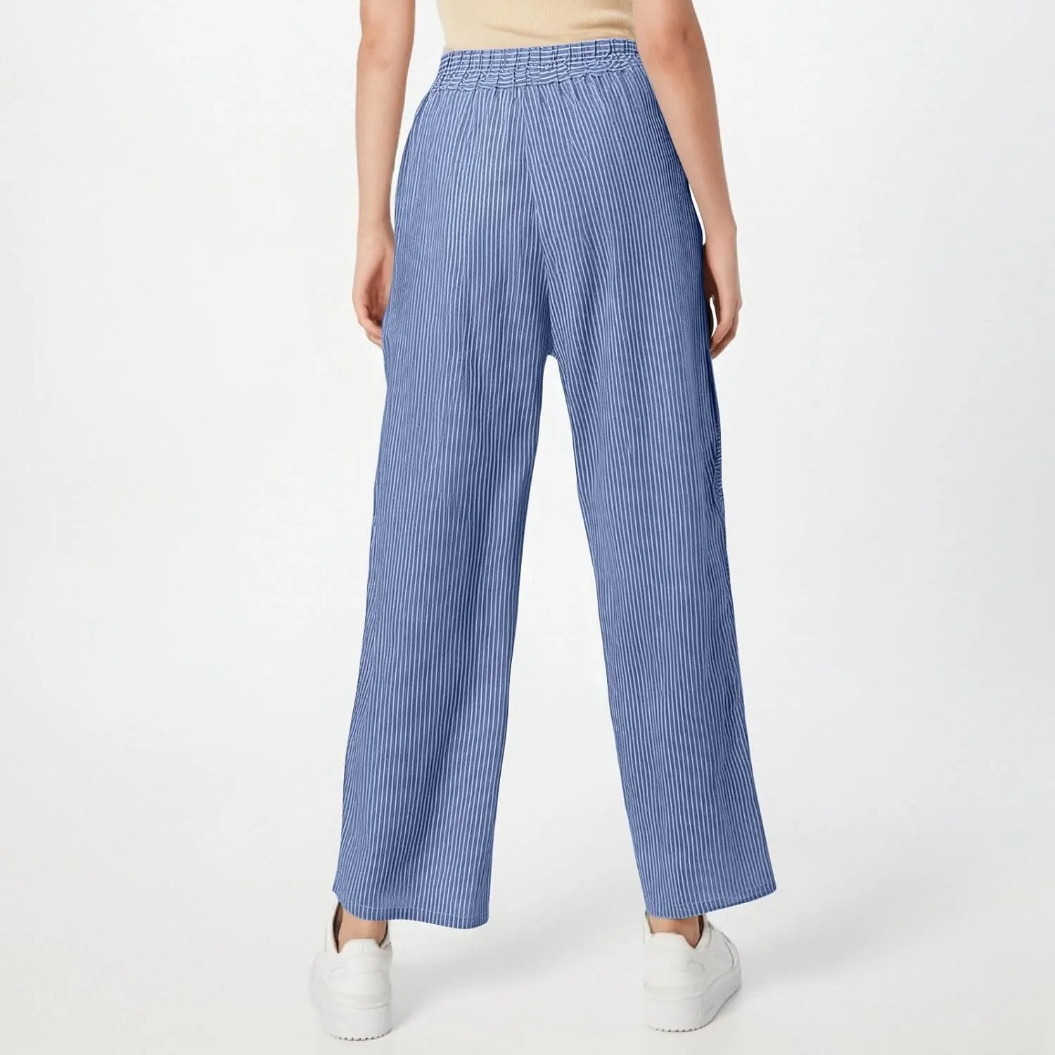 fanmpghleoo Striped Linen Pants Women Summer Elastic High Waisted Wide Leg Pinstripe Pants Casual Plus Size Beach Gauze Pants