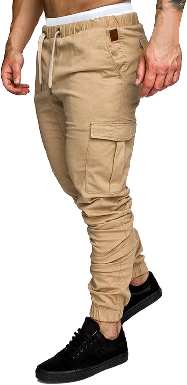 Fashion Cargo Sweatpants for Men Big and Tall Slim Fit Pencil Tapered Trousers Drawstring Stretch Comfy Jogger Sweat Pants
