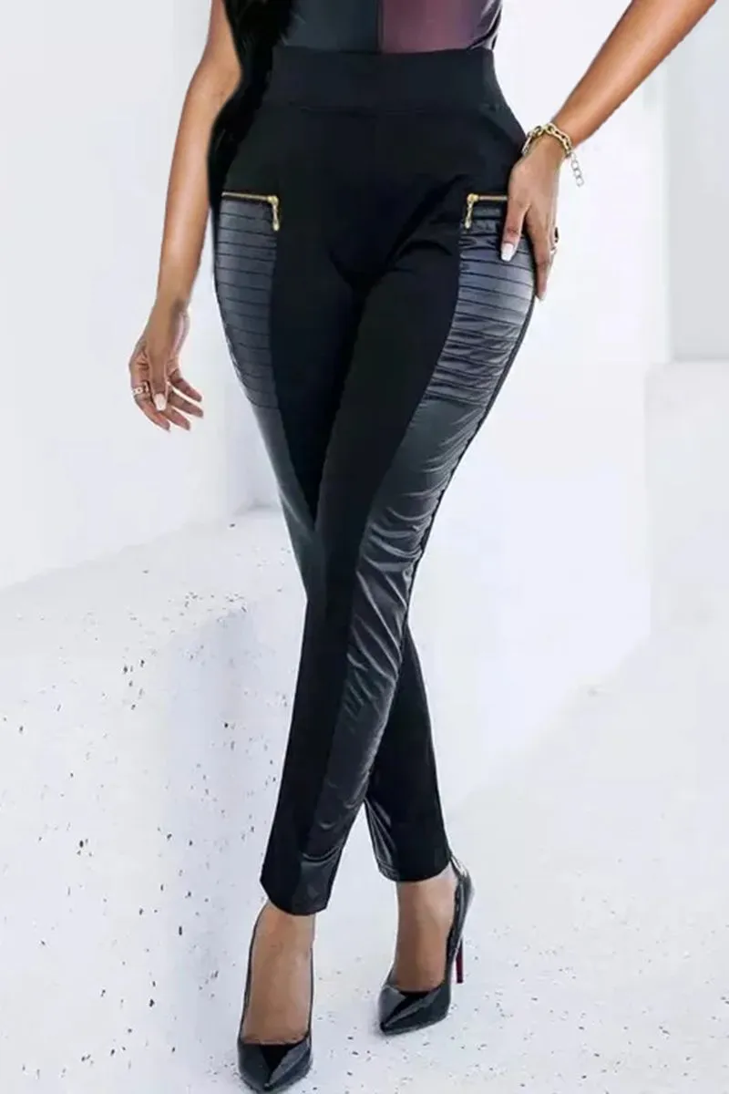 FAUX LEATHER PANTS WITH CONTRASTING TRIM AND ZIP
