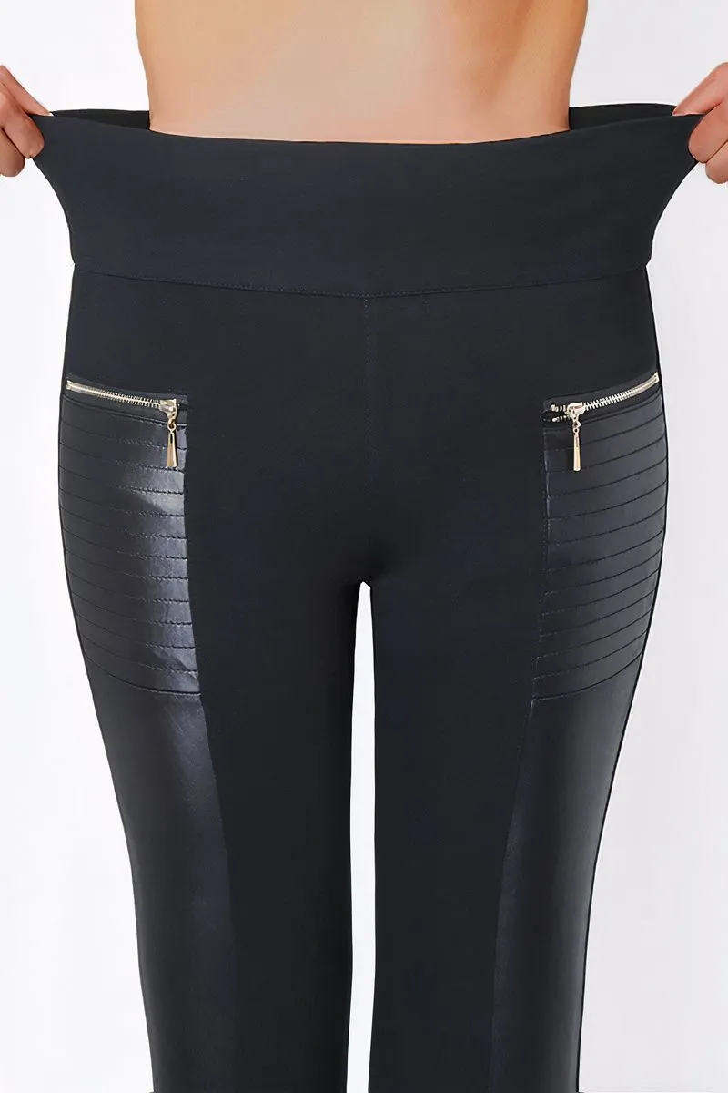 FAUX LEATHER PANTS WITH CONTRASTING TRIM AND ZIP