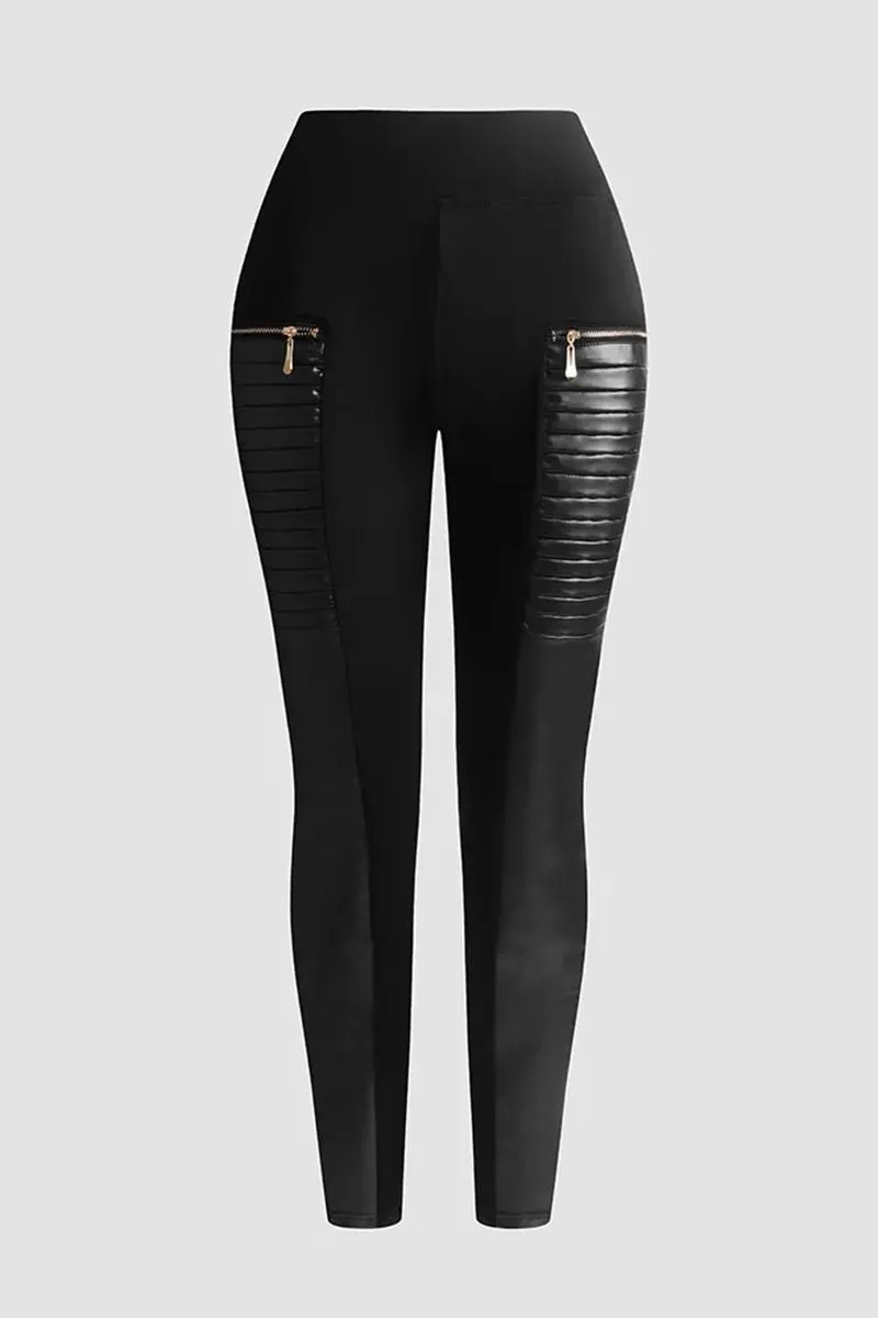 FAUX LEATHER PANTS WITH CONTRASTING TRIM AND ZIP
