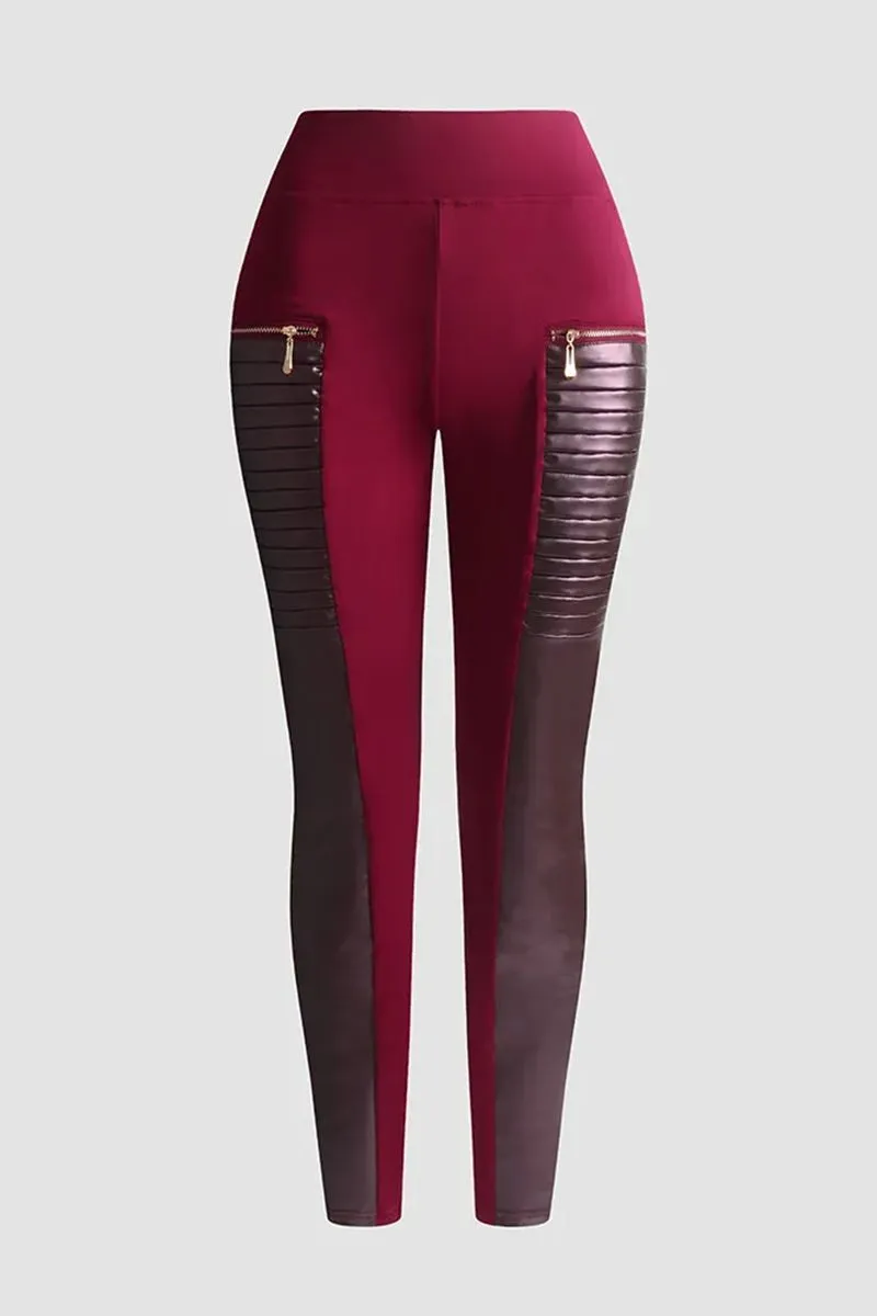 FAUX LEATHER PANTS WITH CONTRASTING TRIM AND ZIP