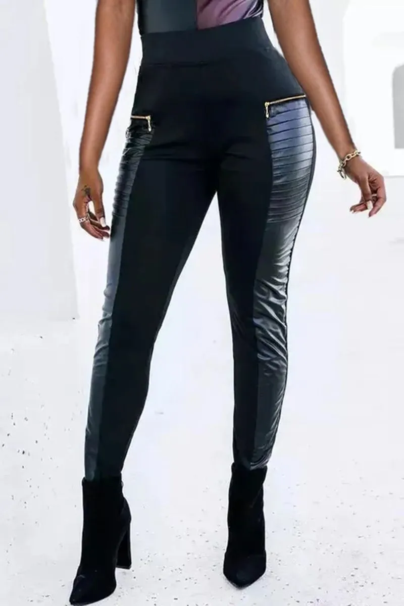 FAUX LEATHER PANTS WITH CONTRASTING TRIM AND ZIP