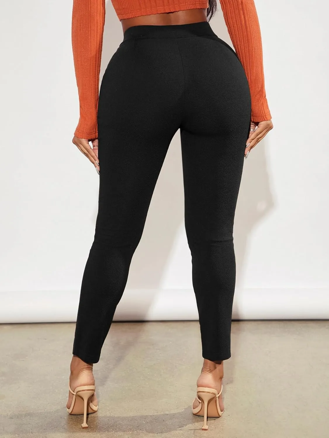 Floerns Women's Elastic High Waist Legging Pants Split Hem Elegant Skinny Trousers