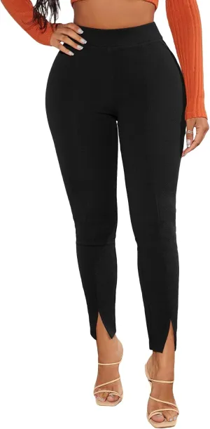 Floerns Women's Elastic High Waist Legging Pants Split Hem Elegant Skinny Trousers