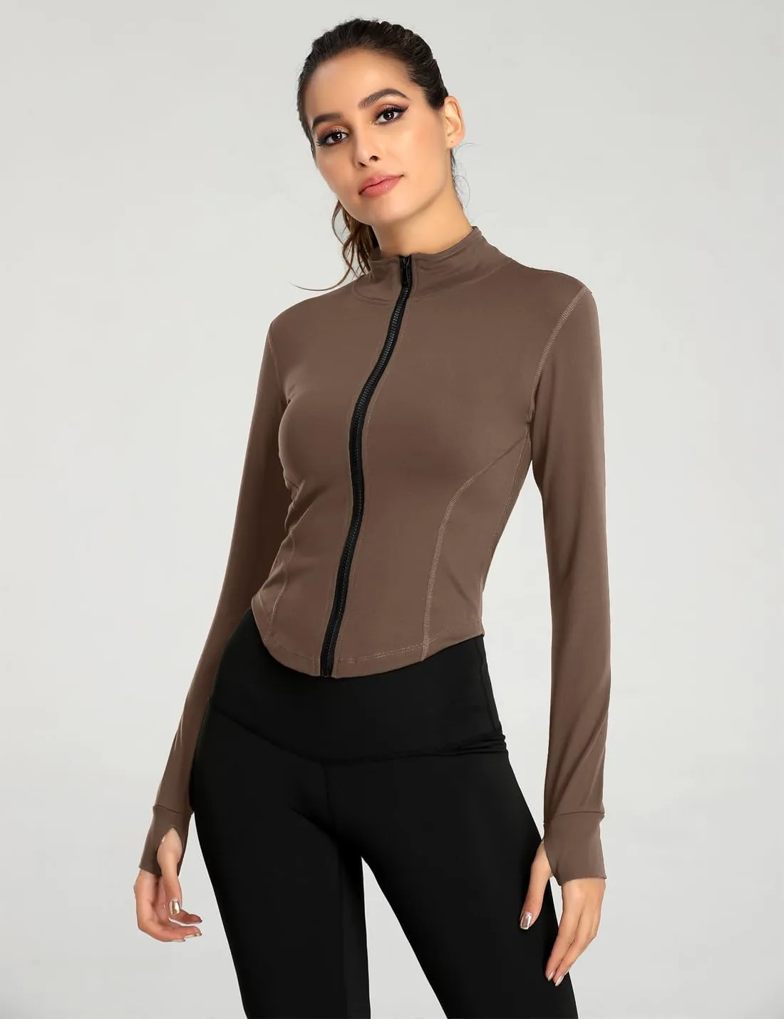 Gacaky Women's Athletic Jacket Lightweight Full Zip Up Yoga Jacket Cropped Workout Slim Fit Tops with Thumb Holes