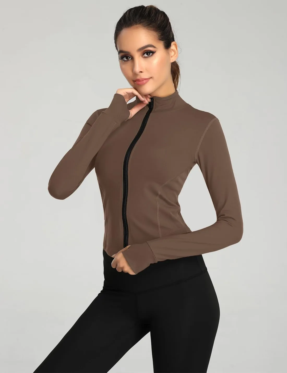 Gacaky Women's Athletic Jacket Lightweight Full Zip Up Yoga Jacket Cropped Workout Slim Fit Tops with Thumb Holes