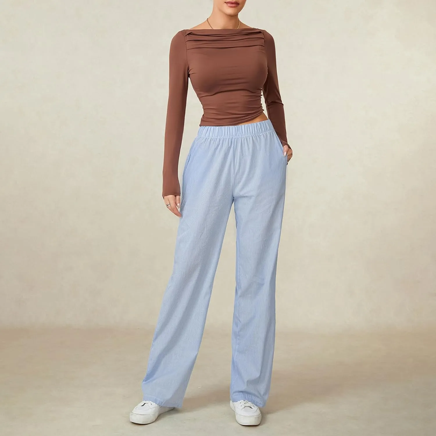 Kimydreama Women Y2k Striped Pants High Waist Drawstring Wide Leg Lounge Pants Pinstripe Pajama Pants PJ Trousers