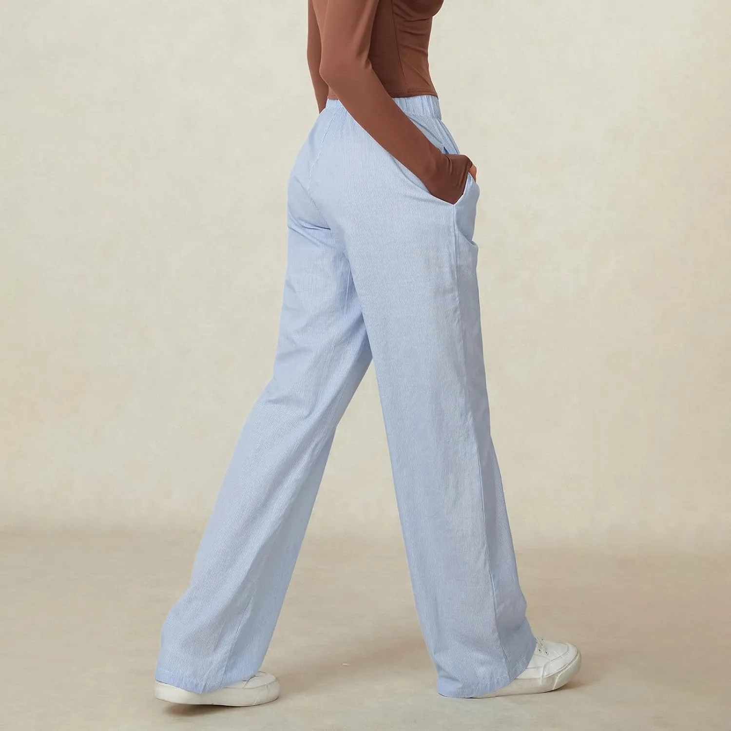 Kimydreama Women Y2k Striped Pants High Waist Drawstring Wide Leg Lounge Pants Pinstripe Pajama Pants PJ Trousers