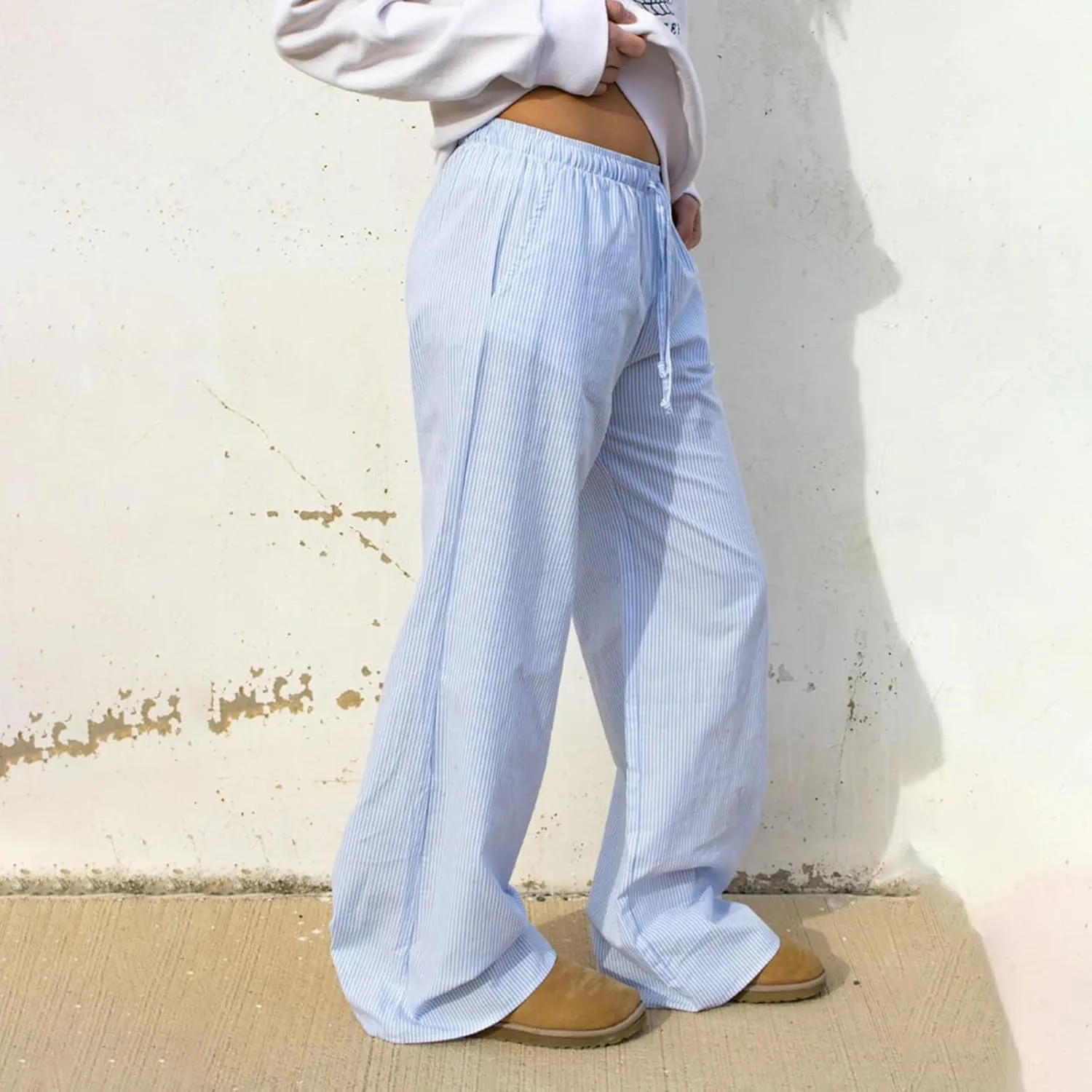 Kimydreama Women Y2k Striped Pants High Waist Drawstring Wide Leg Lounge Pants Pinstripe Pajama Pants PJ Trousers