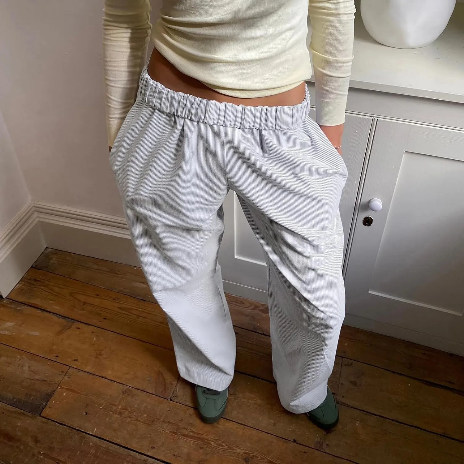 Kimydreama Women Y2k Striped Pants High Waist Drawstring Wide Leg Lounge Pants Pinstripe Pajama Pants PJ Trousers