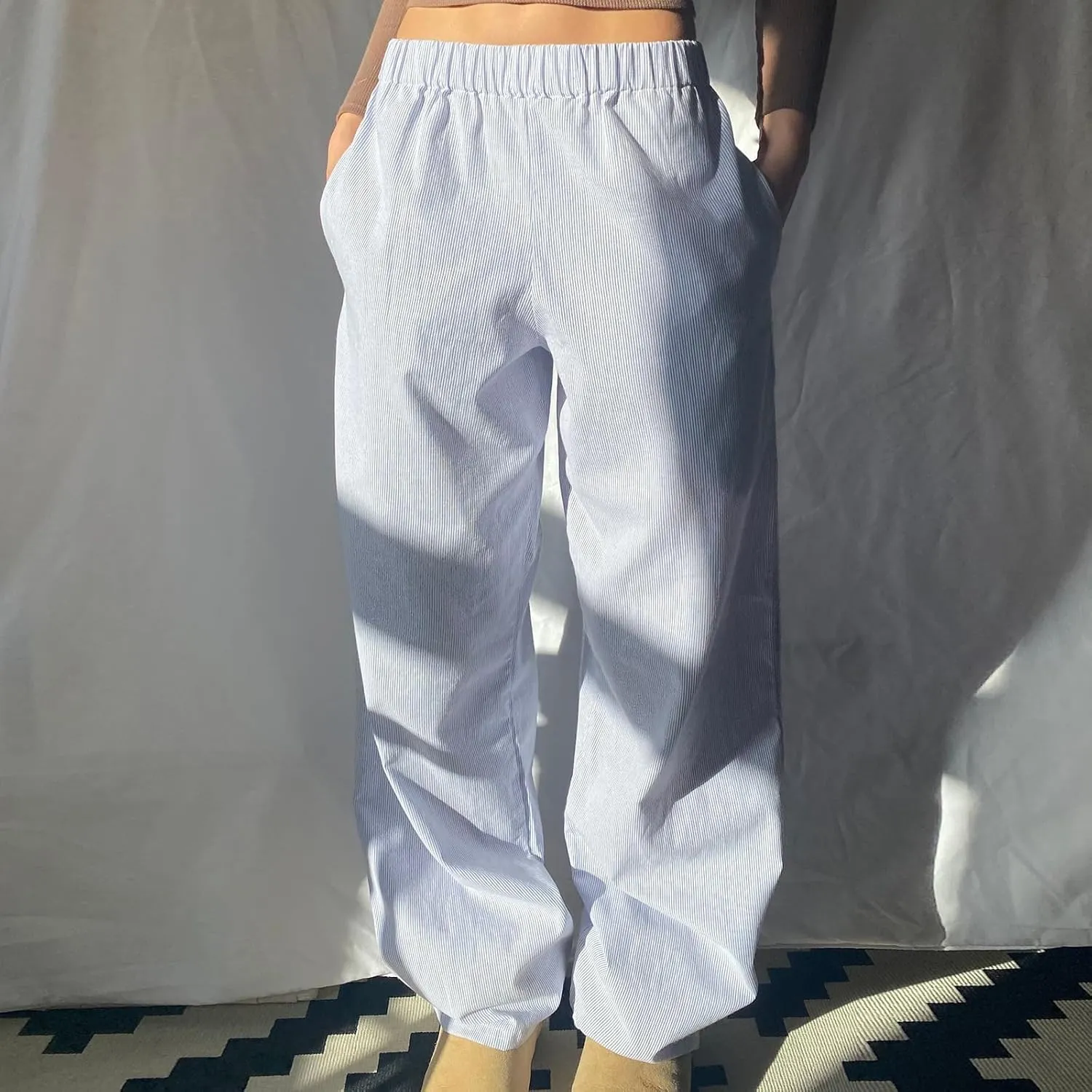 Kimydreama Women Y2k Striped Pants High Waist Drawstring Wide Leg Lounge Pants Pinstripe Pajama Pants PJ Trousers