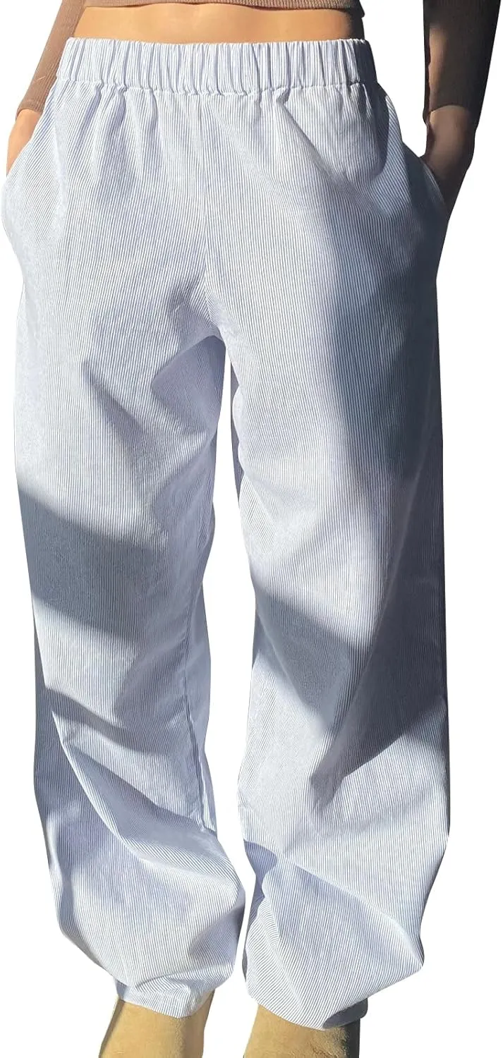 Kimydreama Women Y2k Striped Pants High Waist Drawstring Wide Leg Lounge Pants Pinstripe Pajama Pants PJ Trousers