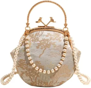Kiss Lock Pearl Evening Bag,Embroidery Pearl Crossbody Bag Evening Bag with Chain Strap, for Wedding Party Prom