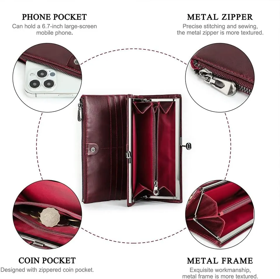 Kiss Lock Wallet for Women Leather Kiss Clasp Purse Bifold Wallets Card Phone Holder Clutch with Rfid Blocking (Red)