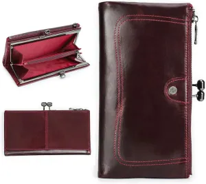 Kiss Lock Wallet for Women Leather Kiss Clasp Purse Bifold Wallets Card Phone Holder Clutch with Rfid Blocking (Red)