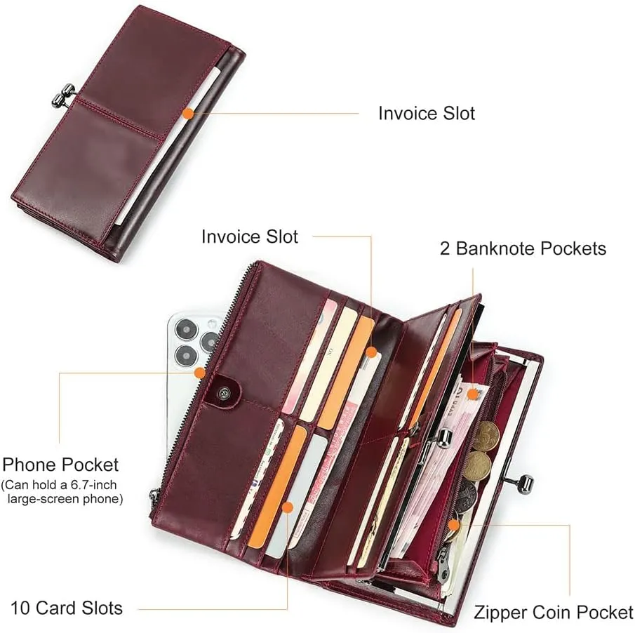 Kiss Lock Wallet for Women Leather Kiss Clasp Purse Bifold Wallets Card Phone Holder Clutch with Rfid Blocking (Red)