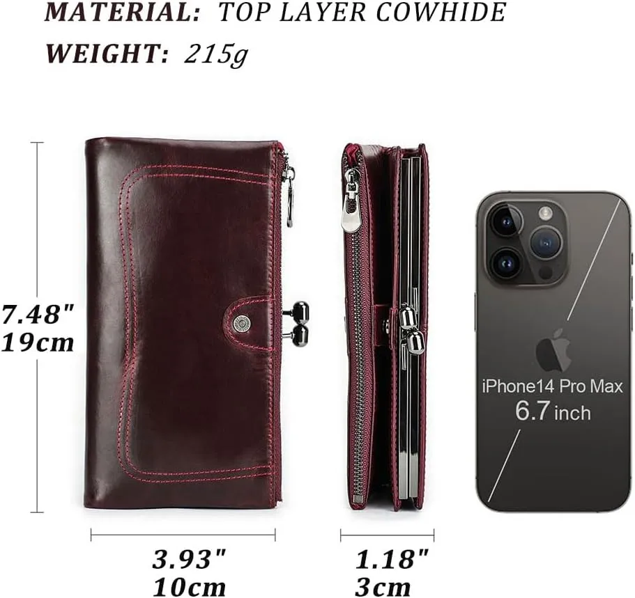 Kiss Lock Wallet for Women Leather Kiss Clasp Purse Bifold Wallets Card Phone Holder Clutch with Rfid Blocking (Red)