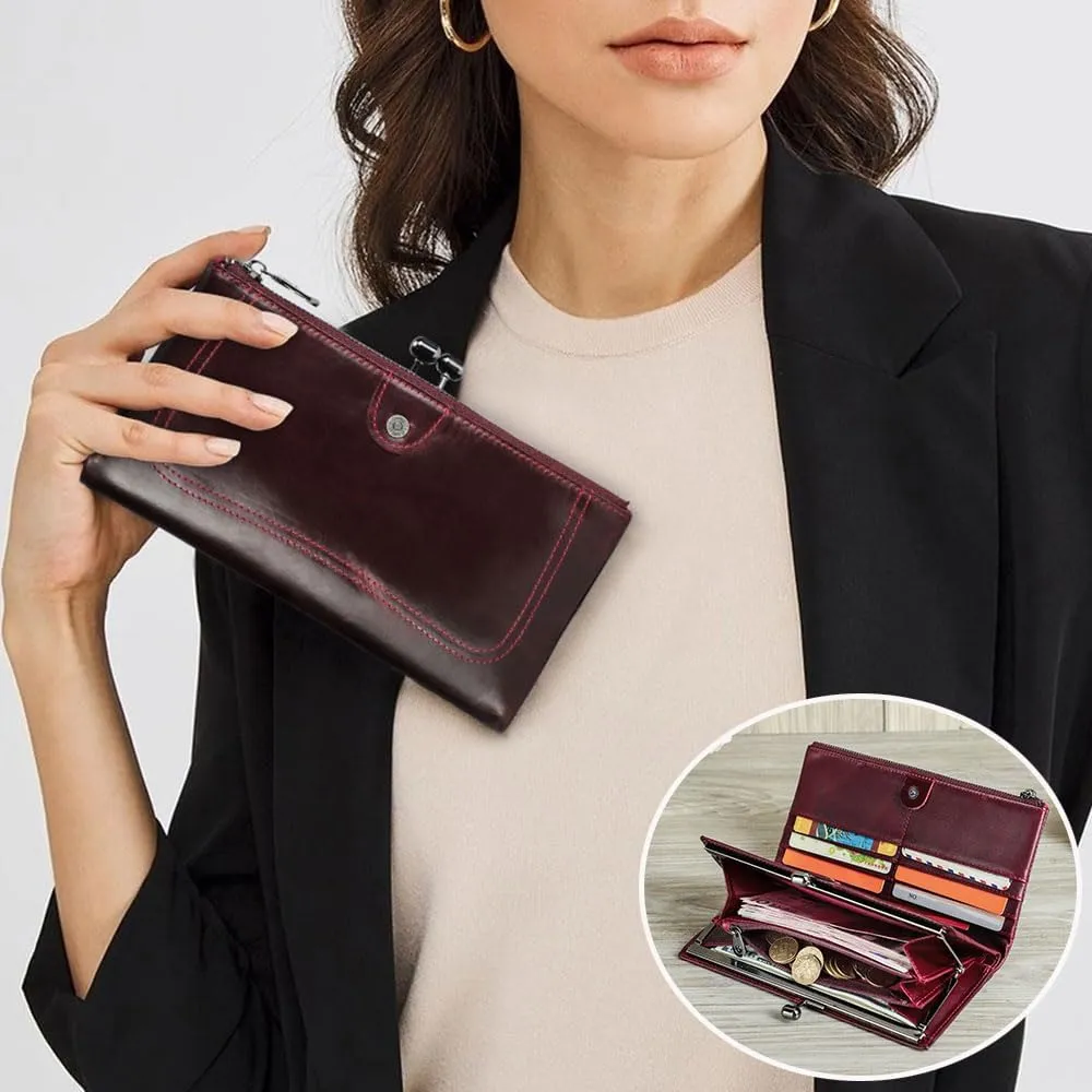 Kiss Lock Wallet for Women Leather Kiss Clasp Purse Bifold Wallets Card Phone Holder Clutch with Rfid Blocking (Red)