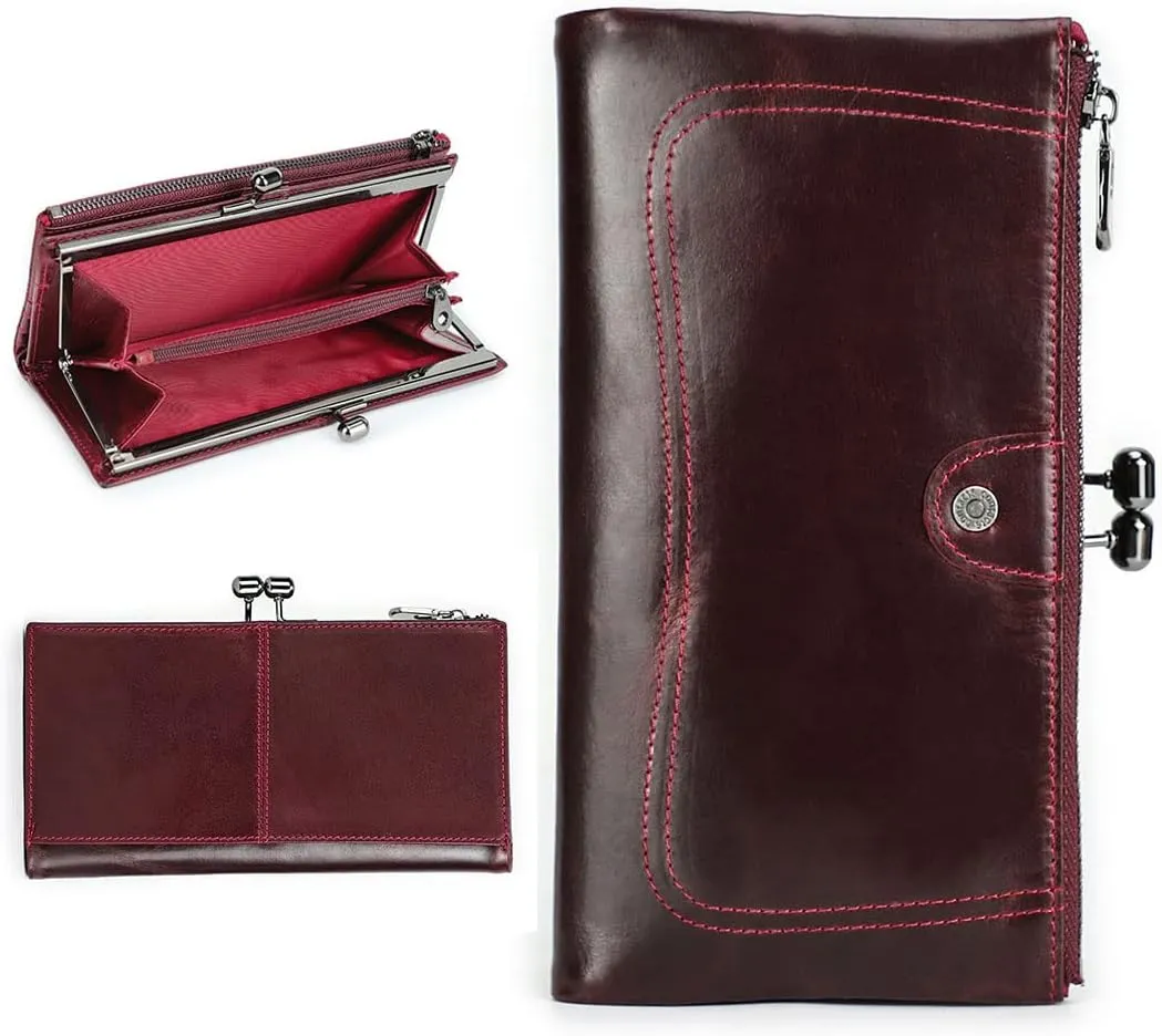 Kiss Lock Wallet for Women Leather Kiss Clasp Purse Bifold Wallets Card Phone Holder Clutch with Rfid Blocking (Red)
