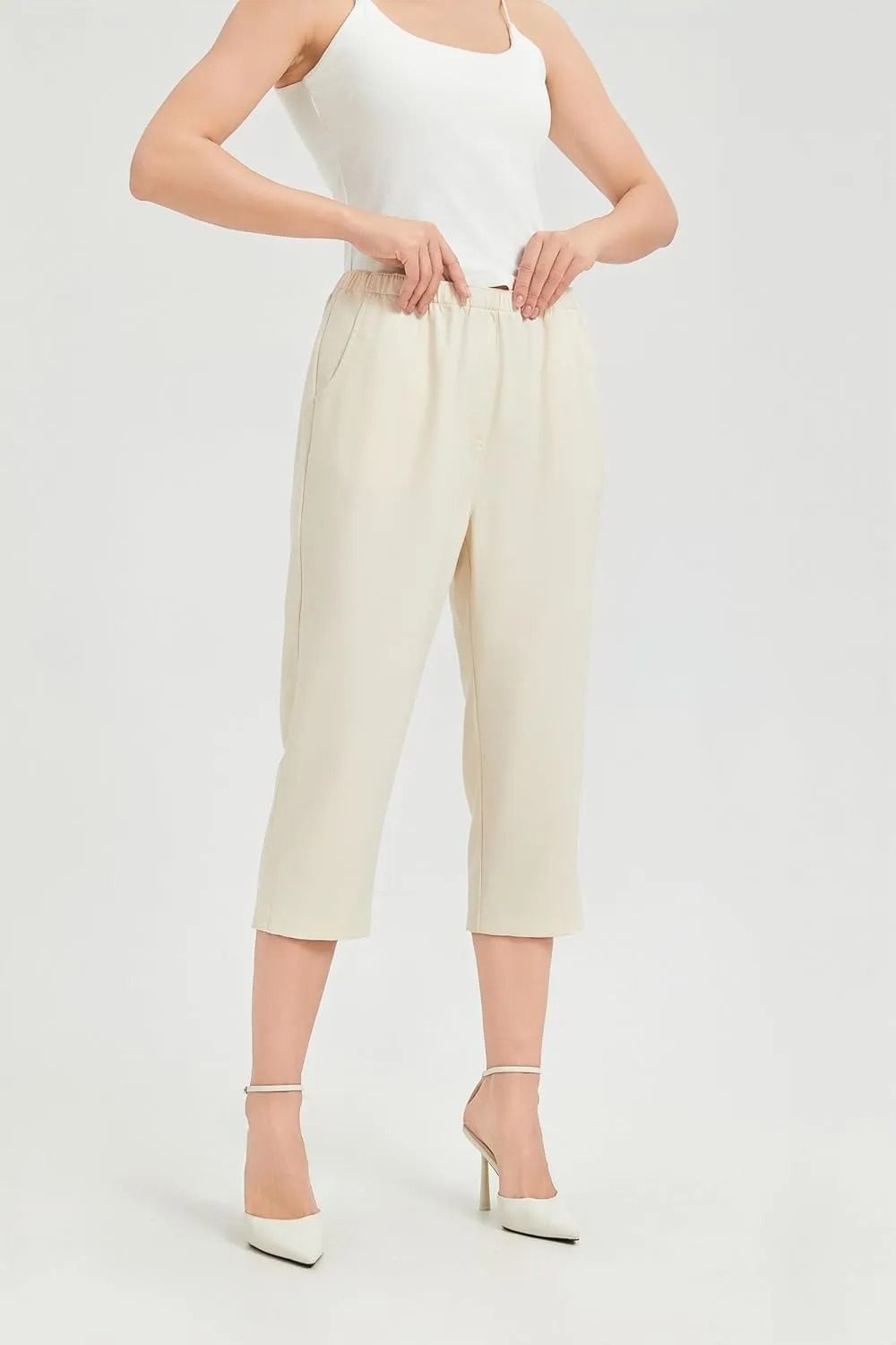 KYAL Women's High Waisted Stretchy Work Capri Pants Straight Leg Business Office Trousers with Pockets