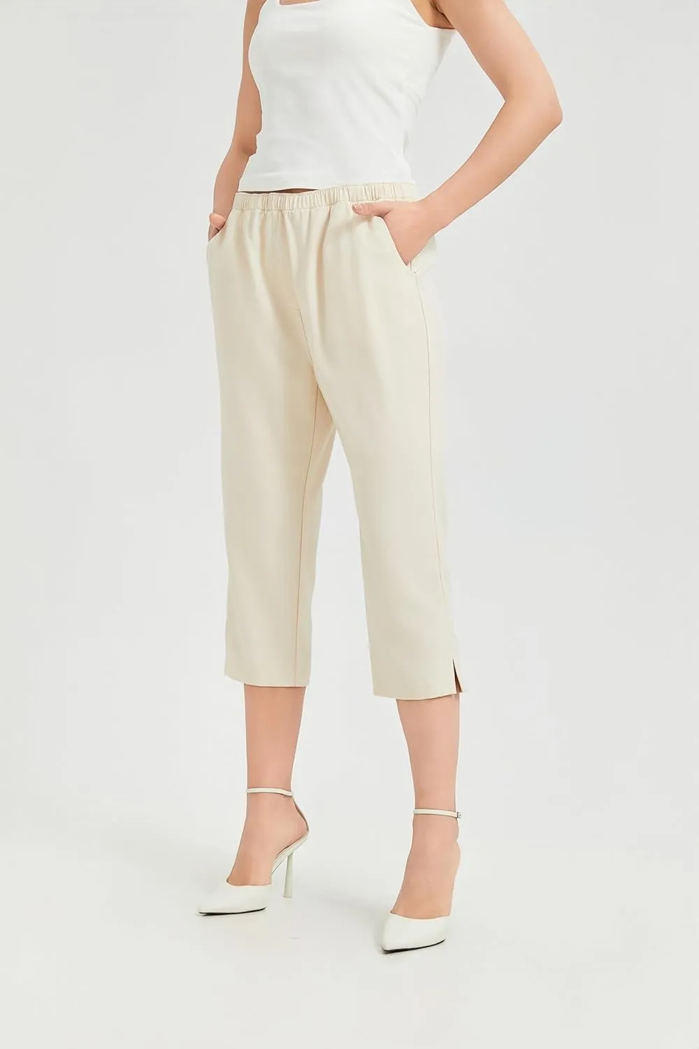 KYAL Women's High Waisted Stretchy Work Capri Pants Straight Leg Business Office Trousers with Pockets