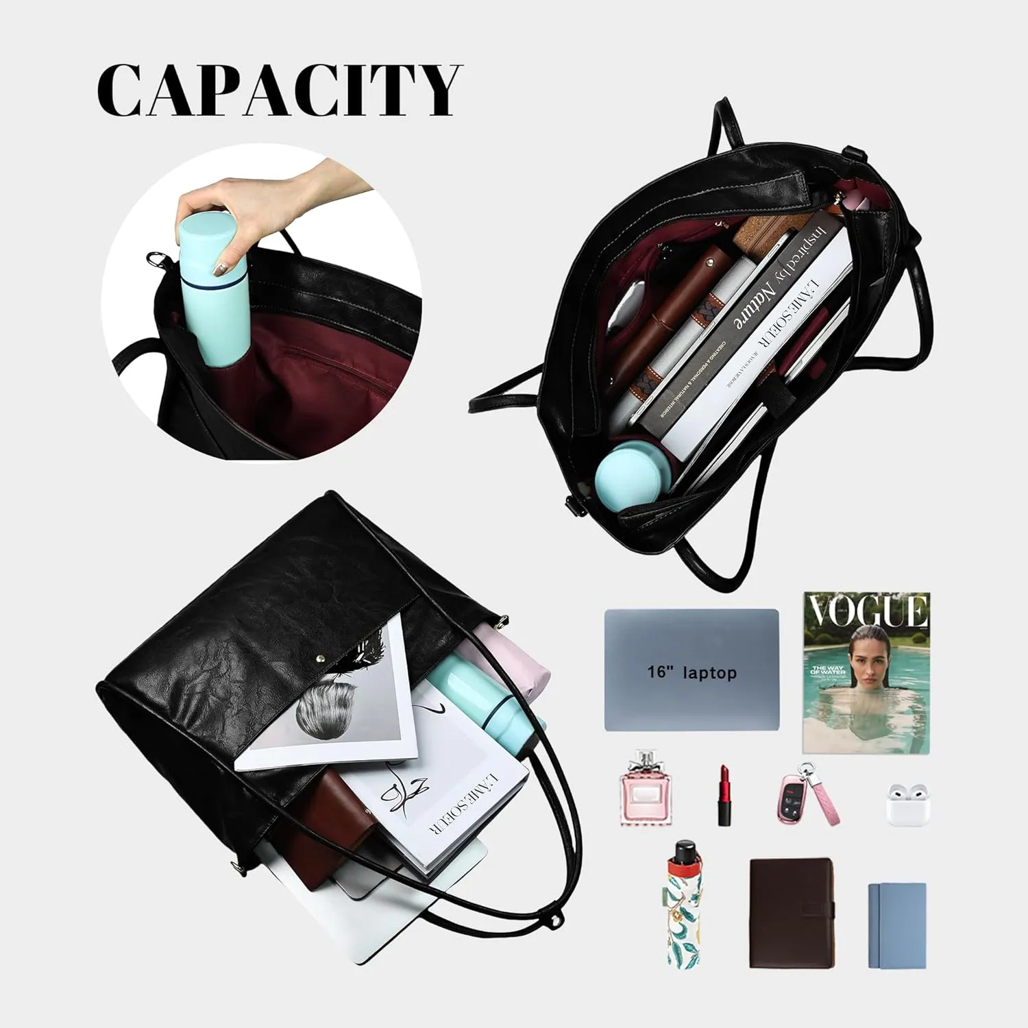 Large Tote Bag for Women Work with Zipper Vegan Leather Shoulder Bags Travel Purses and Handbags Weekender Bags