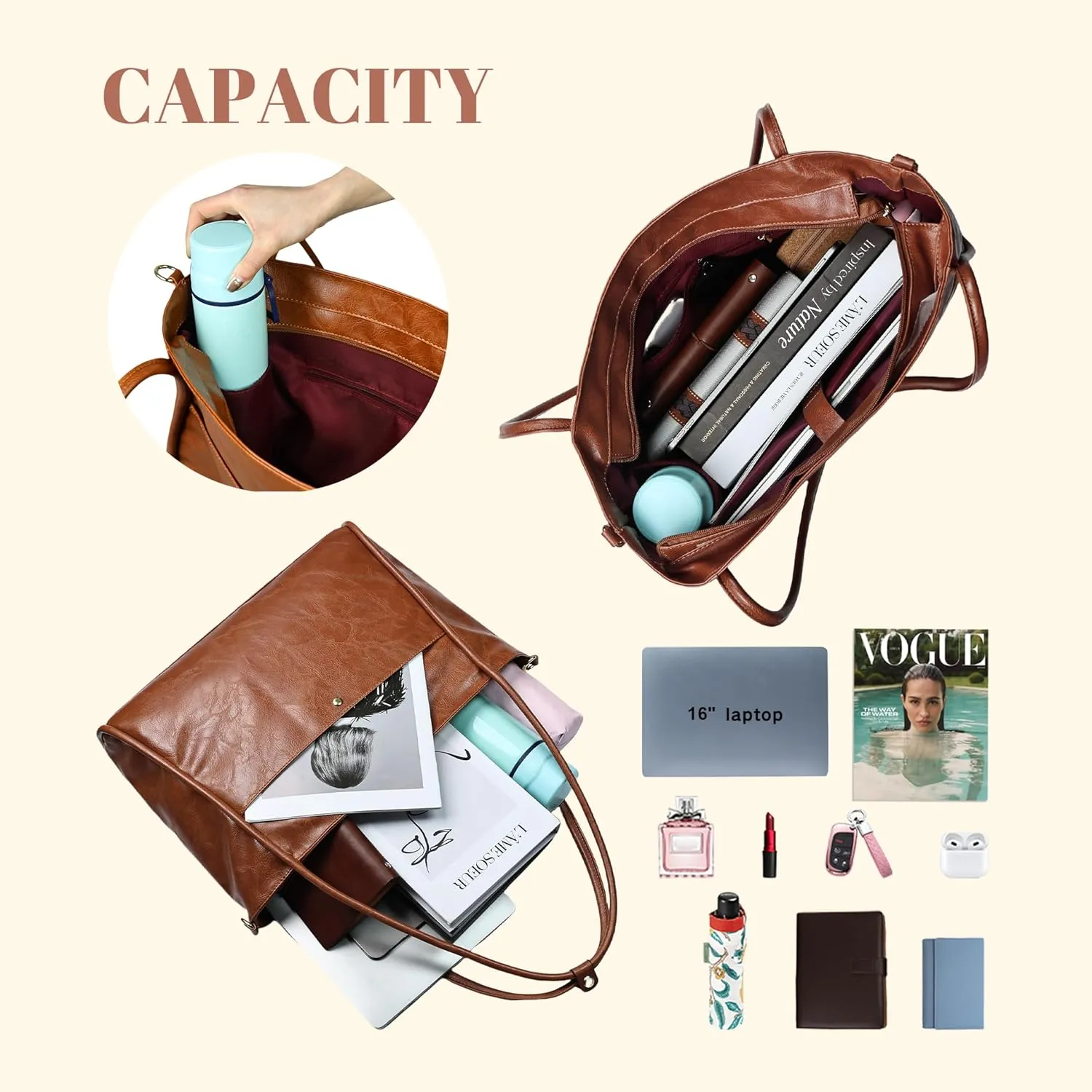 Large Tote Bag for Women Work with Zipper Vegan Leather Shoulder Bags Travel Purses and Handbags Weekender Bags