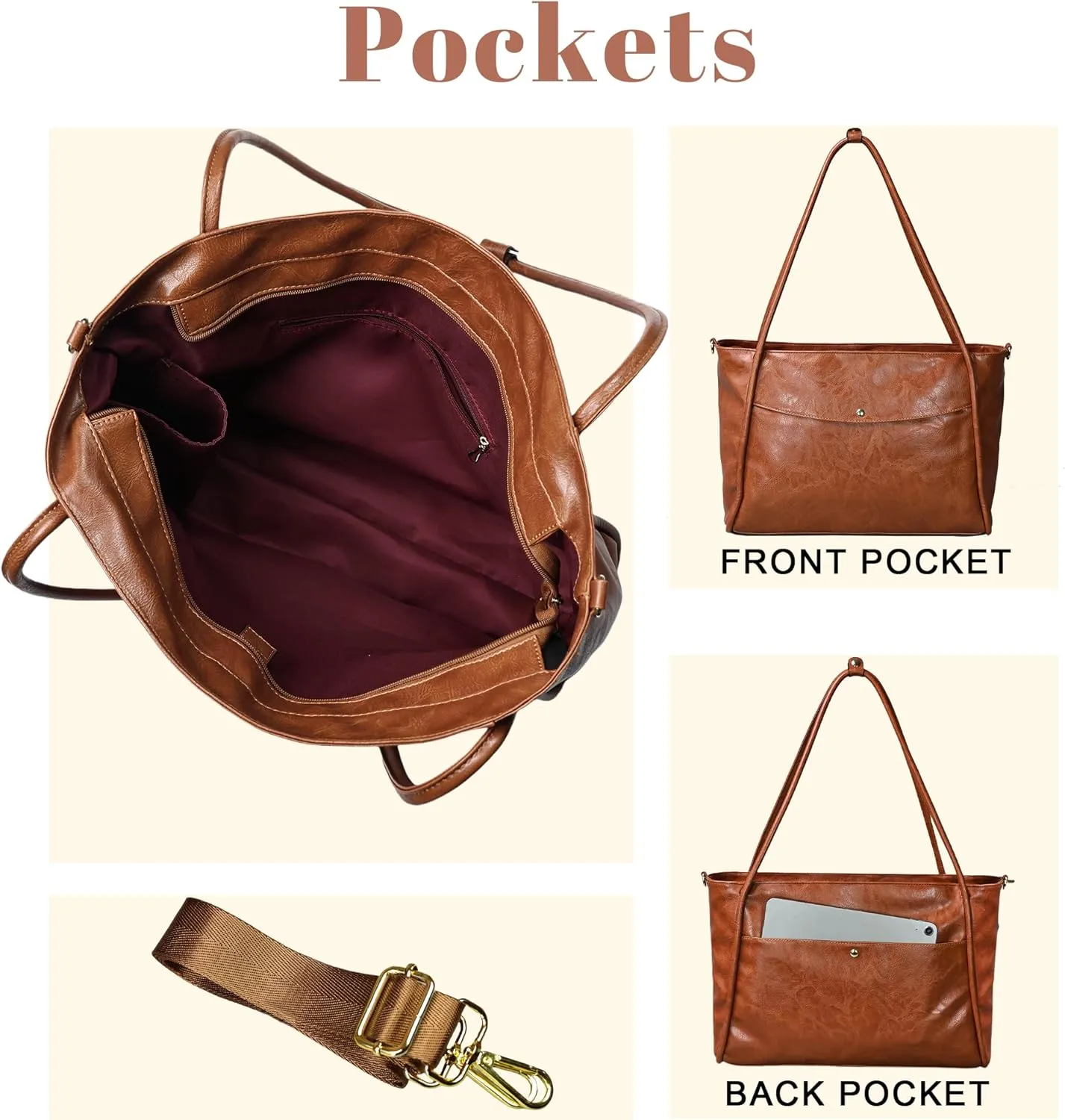Large Tote Bag for Women Work with Zipper Vegan Leather Shoulder Bags Travel Purses and Handbags Weekender Bags