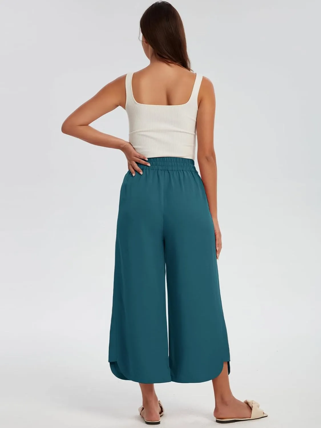 Les umes Womens Linen Wide Leg Cropped Pants High Elastic Waist with Drawstring Casual Summer Ankle Trousers