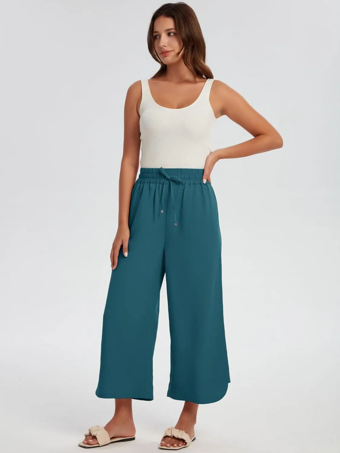Les umes Womens Linen Wide Leg Cropped Pants High Elastic Waist with Drawstring Casual Summer Ankle Trousers