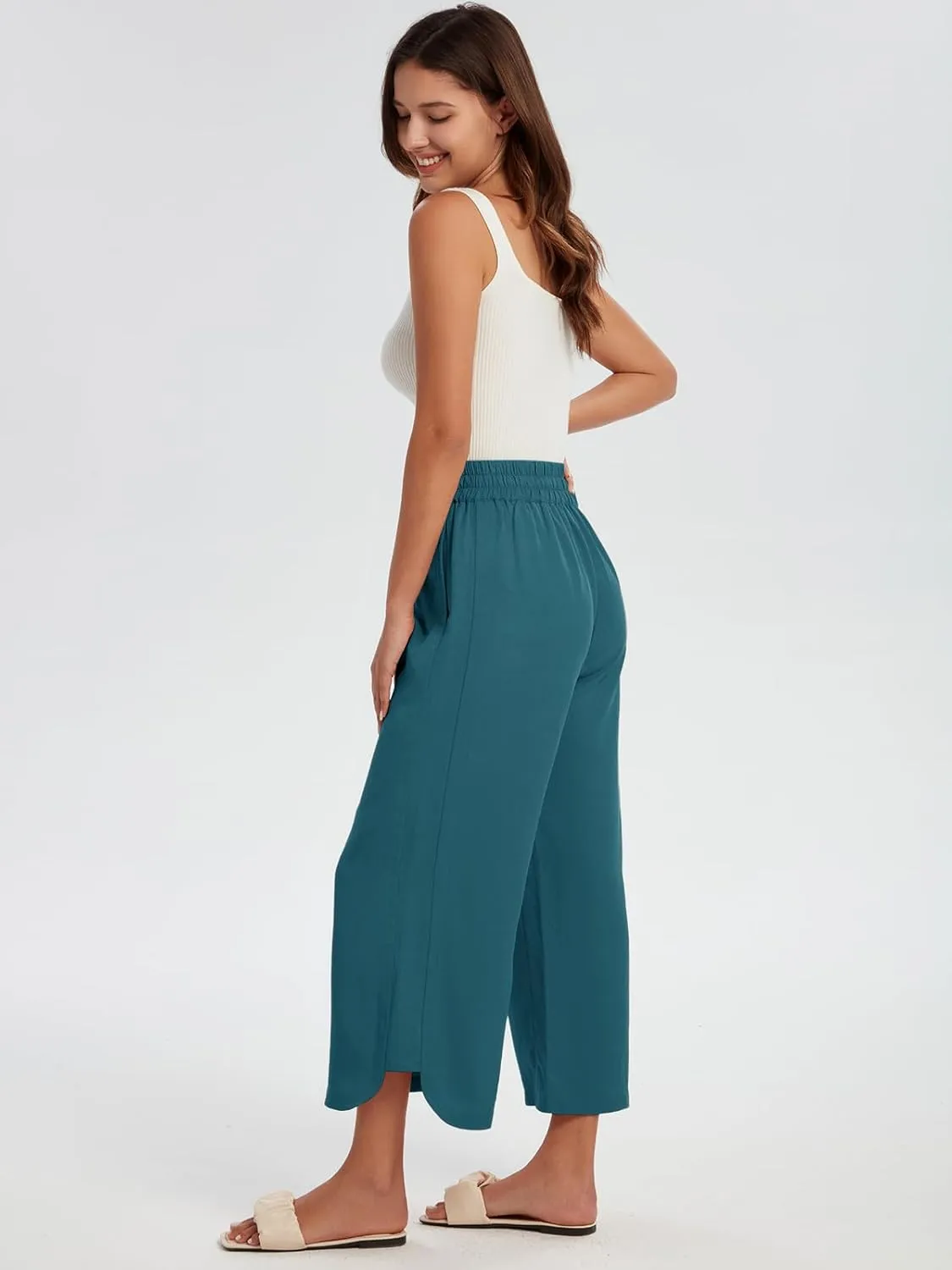 Les umes Womens Linen Wide Leg Cropped Pants High Elastic Waist with Drawstring Casual Summer Ankle Trousers