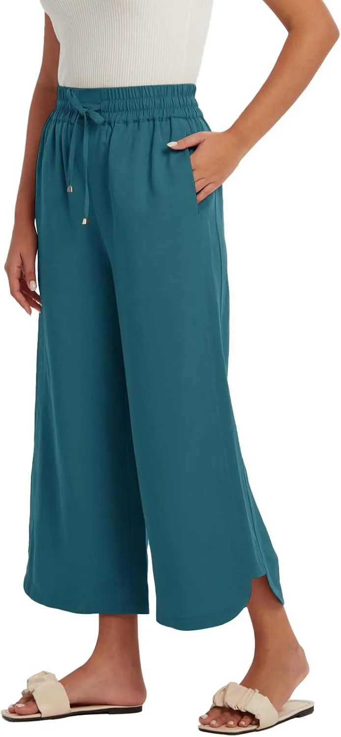 Les umes Womens Linen Wide Leg Cropped Pants High Elastic Waist with Drawstring Casual Summer Ankle Trousers