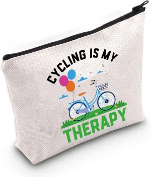 LEVLO Funny Cycling Cosmetic Make Up Bag Mountain Biker Gift Cycling Is My Therapy Makeup Zipper Pouch Bag For Cycling Enthusiast Cyclist (Cycling Is My Therap)