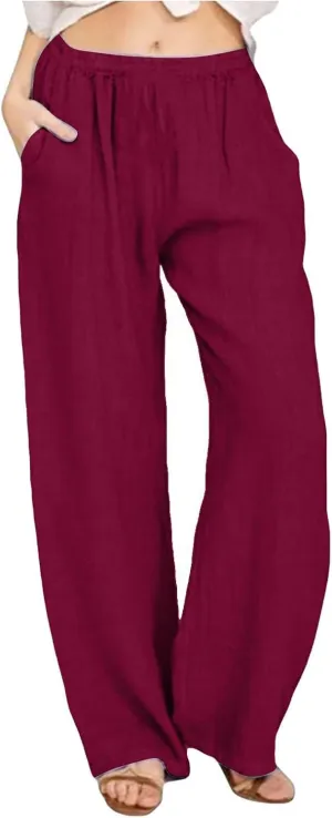 Linen Beach Pants Women Pants Drawstring Striped with Pockets- Trendy Trousers Wide Leg Gauze for Women Sweat