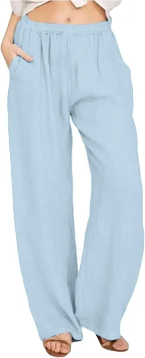 Linen Beach Pants Women Pants Drawstring Striped with Pockets- Trendy Trousers Wide Leg Gauze for Women Sweat