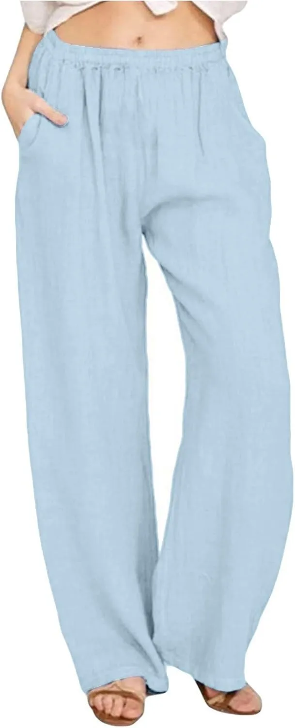 Linen Beach Pants Women Pants Drawstring Striped with Pockets- Trendy Trousers Wide Leg Gauze for Women Sweat