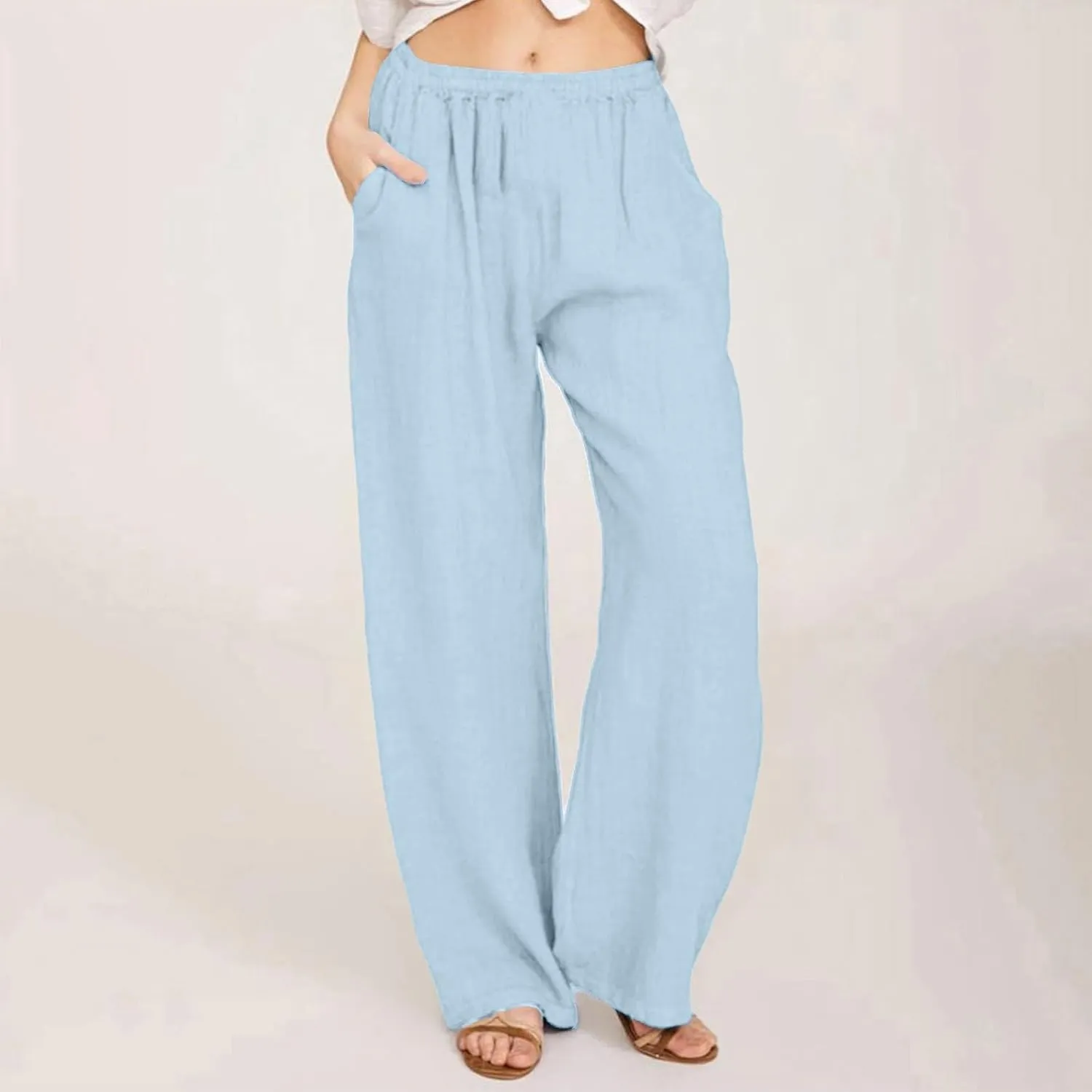 Linen Beach Pants Women Pants Drawstring Striped with Pockets- Trendy Trousers Wide Leg Gauze for Women Sweat