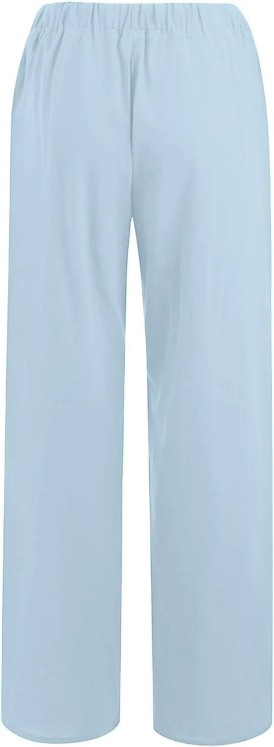 Linen Beach Pants Women Pants Drawstring Striped with Pockets- Trendy Trousers Wide Leg Gauze for Women Sweat