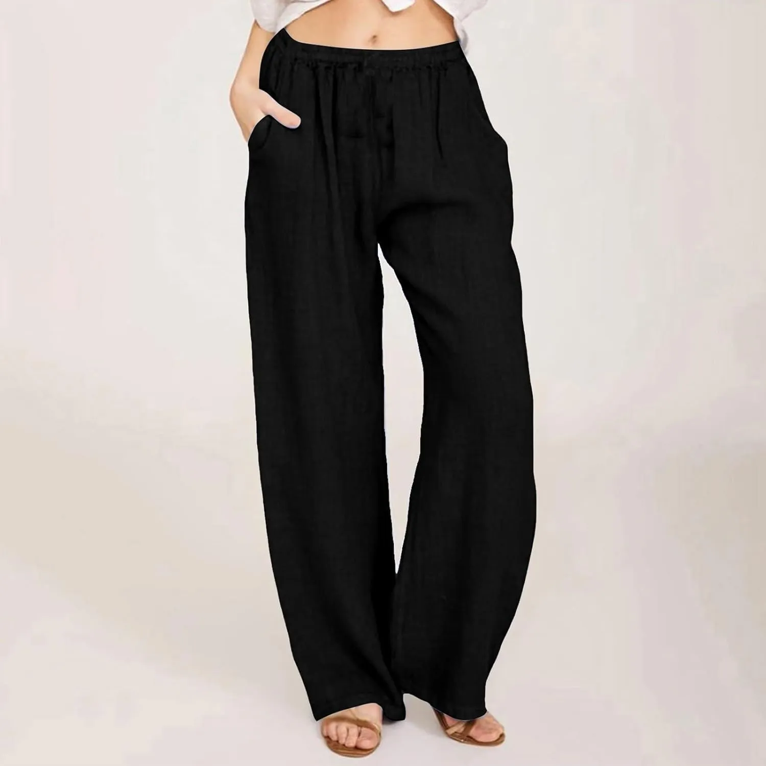 Linen Beach Pants Women Pants Drawstring Striped with Pockets- Trendy Trousers Wide Leg Gauze for Women Sweat