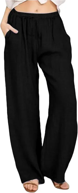 Linen Beach Pants Women Pants Drawstring Striped with Pockets- Trendy Trousers Wide Leg Gauze for Women Sweat