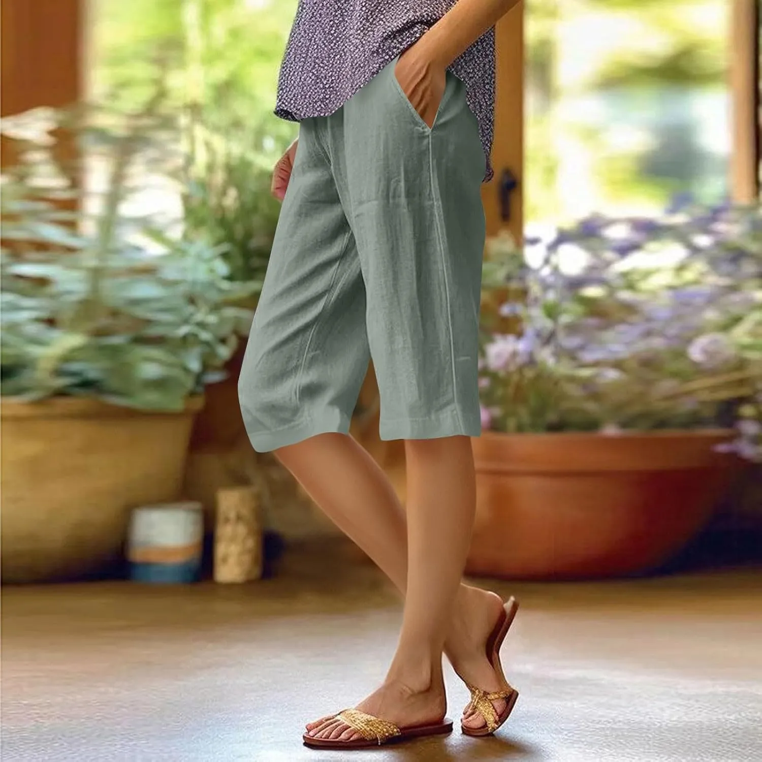 Linen Capri Pants for Women Elastic Waisted Drawstring Pant Comfy Soft Trousers Casual Resort Wear Beach Clothes