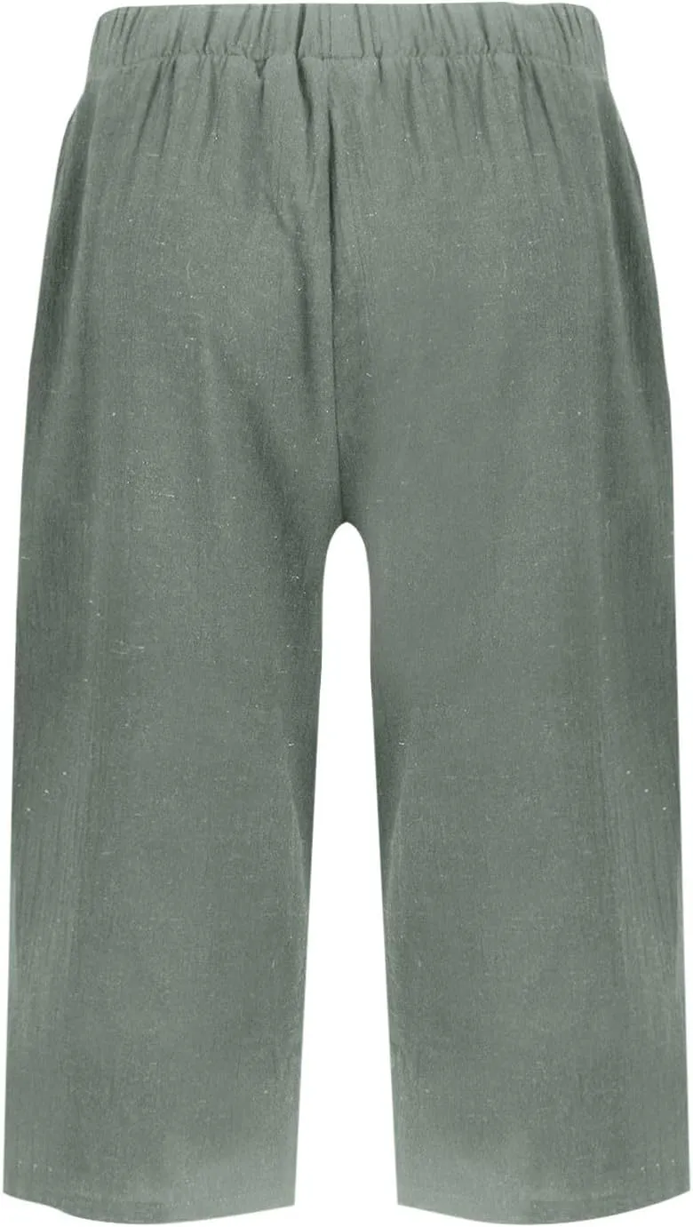 Linen Capri Pants for Women Elastic Waisted Drawstring Pant Comfy Soft Trousers Casual Resort Wear Beach Clothes