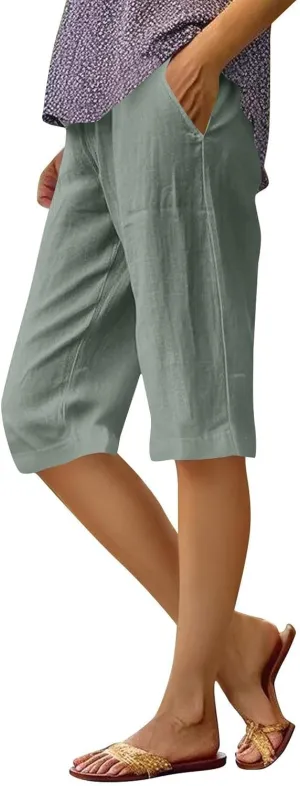 Linen Capri Pants for Women Elastic Waisted Drawstring Pant Comfy Soft Trousers Casual Resort Wear Beach Clothes